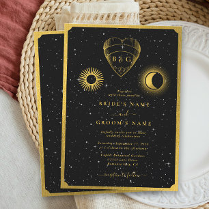 Celestial Stars Crescent Måne Black Guld Bröllop Inbjudningar