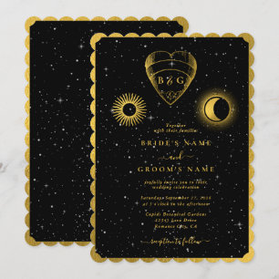 Celestial Stars Crescent Måne Black Guld Bröllop Inbjudningar