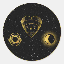 Celestial Stars Crescent Måne Black Guld Bröllop Runt Klistermärke