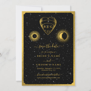 Celestial Stars Crescent Måne Black Guld Bröllop Spara Datumet