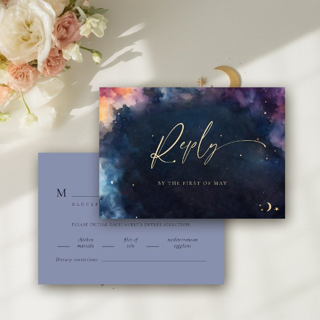 Celestial Stars Midnight Blue Meal Bröllop OSA (celestial wedding rsvp meal card cosmic watercolor starry night sky galaxy universe navy blue gold)