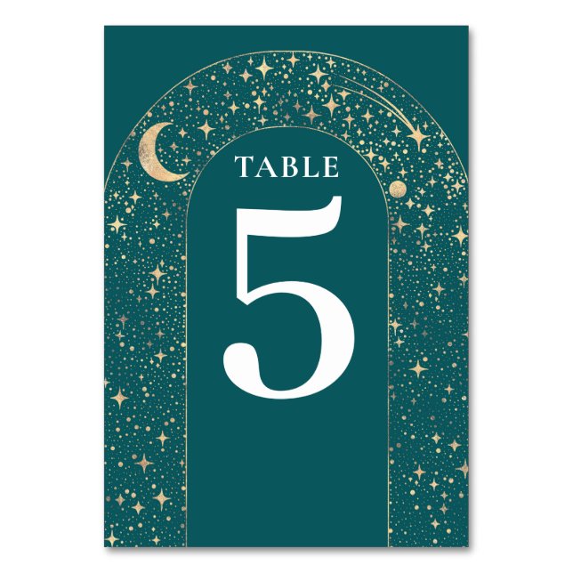 Celestial Stars Teal Bröllop Bordsnummer Card (Framsidan)