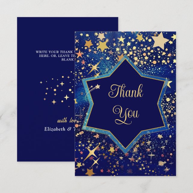 Celestial stjärnblått bröllop tack kort (Fram/baksida)