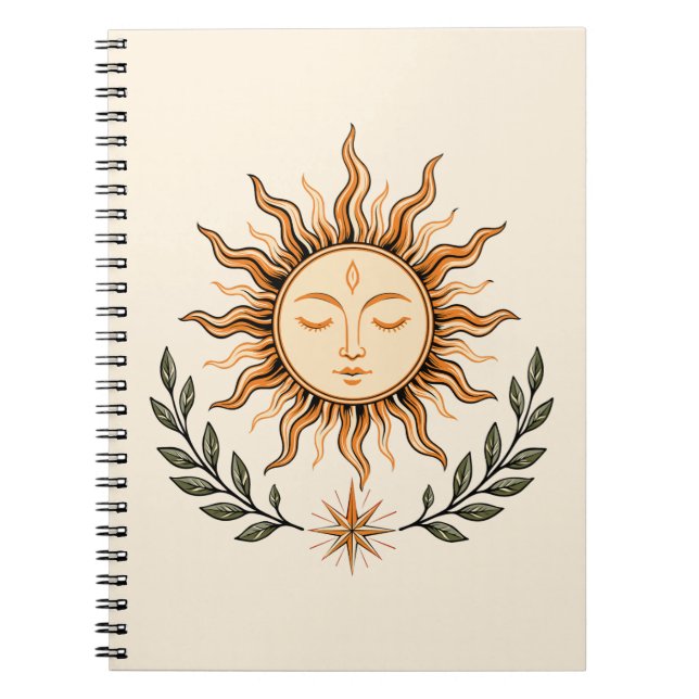 Celestial Sun Face Botanical Mystical Art Anteckningsbok (Framsidan)