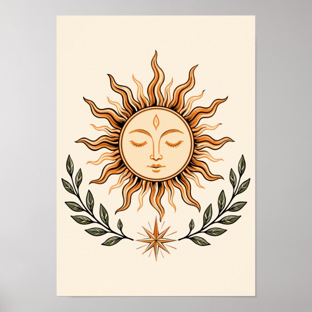 Celestial Sun Face Botanical Mystical Art Poster (Framsidan)