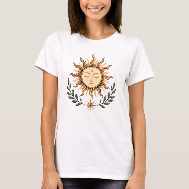 Celestial Sun Face Botanical Mystical Art T Shirt (Framsida)