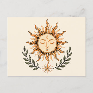 Celestial Sun Face Botanical Mystical Art Vykort