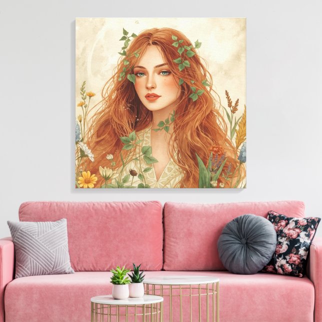 Celestial Sun Goddess Boho Väggkonst | Strålande Canvastryck (Insitu (Vardagsrum))