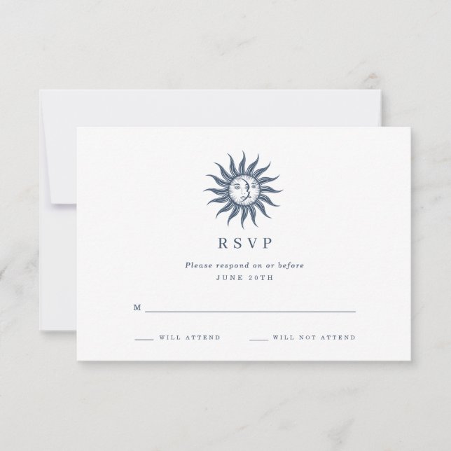 Celestial Sun & Moon Blå Agat Bröllops RSVP OSA Kort (Framsida)