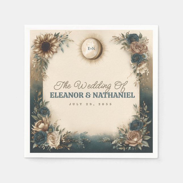 Celestial Sun Moon Boho Floral Rustic Wedding Pappersservett (Framsidan)