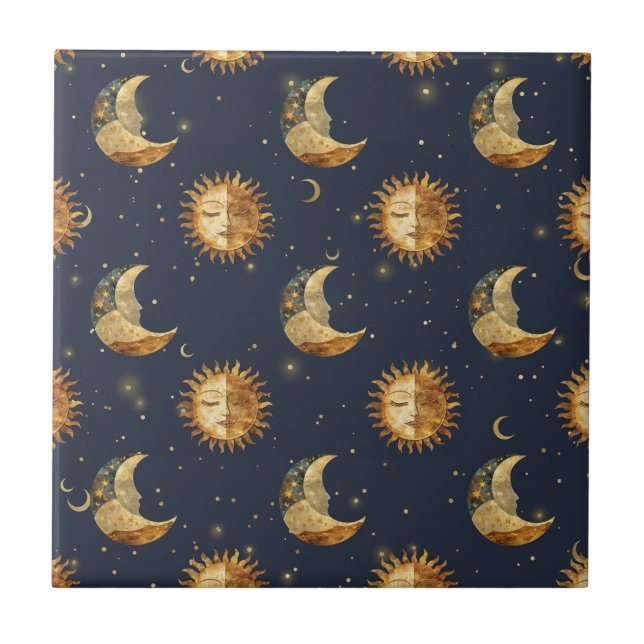 Celestial Sun & Moon Gold Starry Night Pattern (1) Kakelplatta (Framsidan)