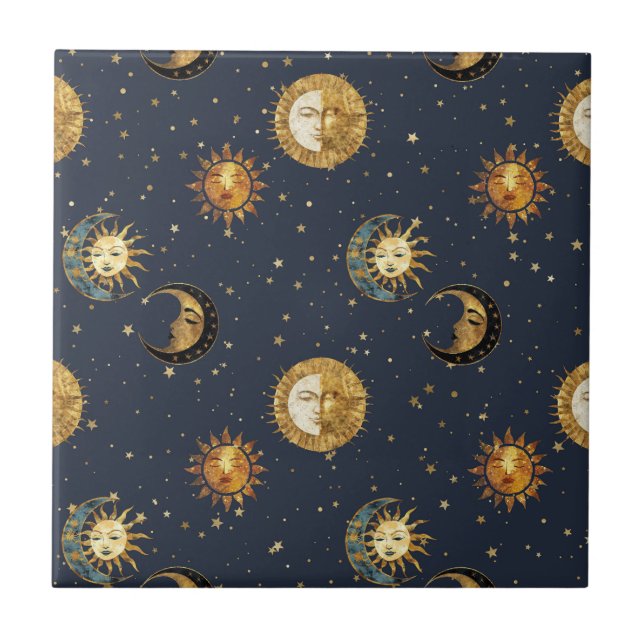 Celestial Sun & Moon Gold Starry Night Pattern (2) Kakelplatta (Framsidan)