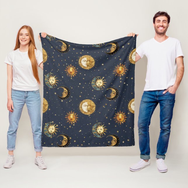 Celestial Sun & Moon Guld Stjärnklar Natt Mönster  Fleecefilt (På plats)