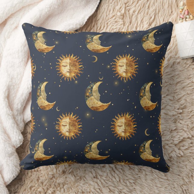 Celestial Sun & Moon Guld Stjärnklar Natt Mönster  Kudde (Filt)