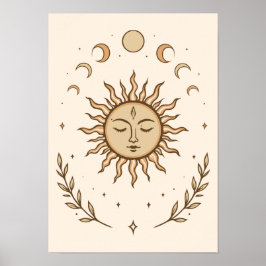 Celestial Sun Moon Phases Mystical Botanical Art Poster