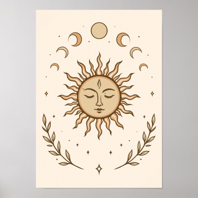 Celestial Sun Moon Phases Mystical Botanical Art Poster (Framsidan)