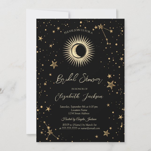 Celestial Sun,Moon,Stars Black Bridal Shower Inbjudningar (Framsida)