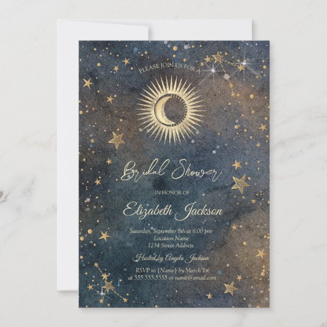 Celestial Sun,Moon,Stars Galaxy Bröllopsdusch Inbjudningar (Framsida)