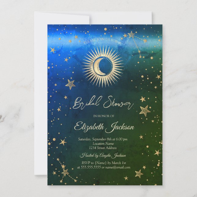 Celestial Sun,Moon,Stars Ombre Bröllopsdusch Inbjudningar (Framsida)