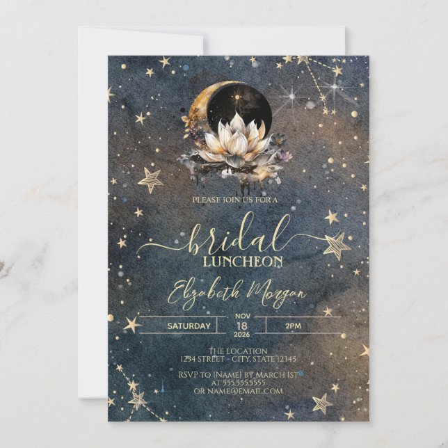 Celestial Sun,Moon,Stars Rosor Mörkt Bröllop Inbjudningar (Framsida)
