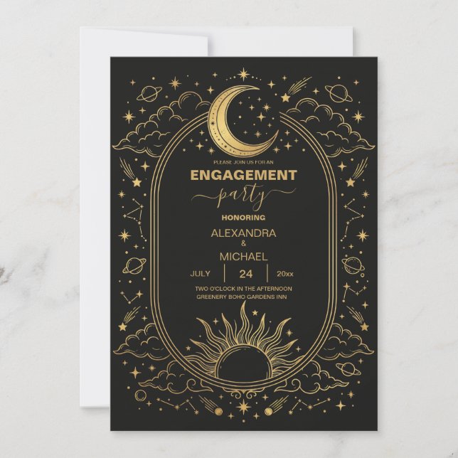 Celestial Sun Moon Wedding Invitation Black Gold Inbjudningar (Framsida)