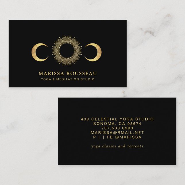 Celestial Sun Moon Yoga Instruktör Svart Visitkort (Fram/baksida)