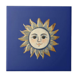 Celestial Sun with Face Gold and Dark Blue Kakelplatta