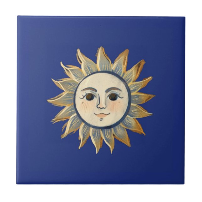 Celestial Sun with Face Gold and Dark Blue Kakelplatta (Framsidan)