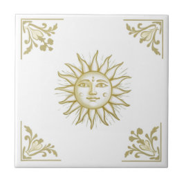 Celestial Sun with Face Gold and White Delft style Kakelplatta
