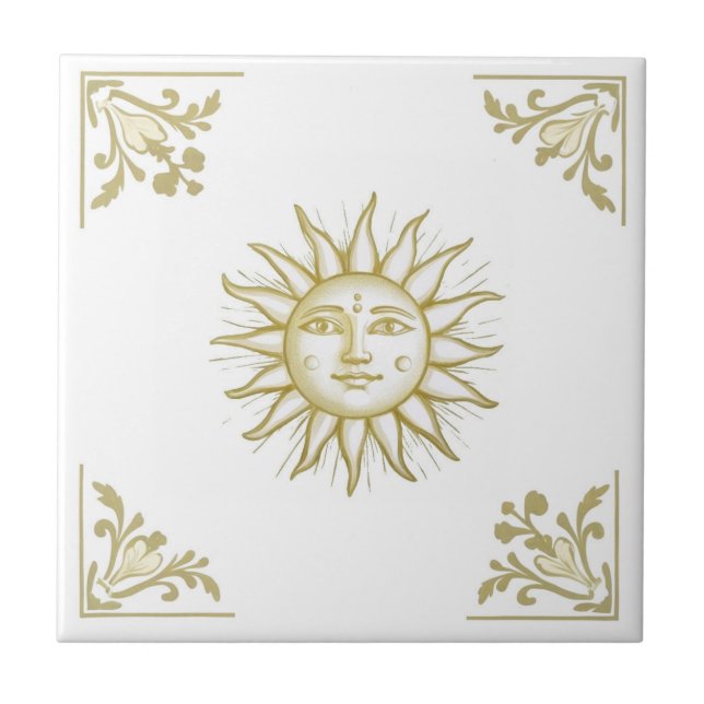 Celestial Sun with Face Gold and White Delft style Kakelplatta (Framsidan)