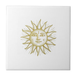 Celestial Sun with Face Gold and White Kakelplatta
