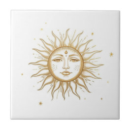 Celestial Sun with Face Gold and White Kakelplatta