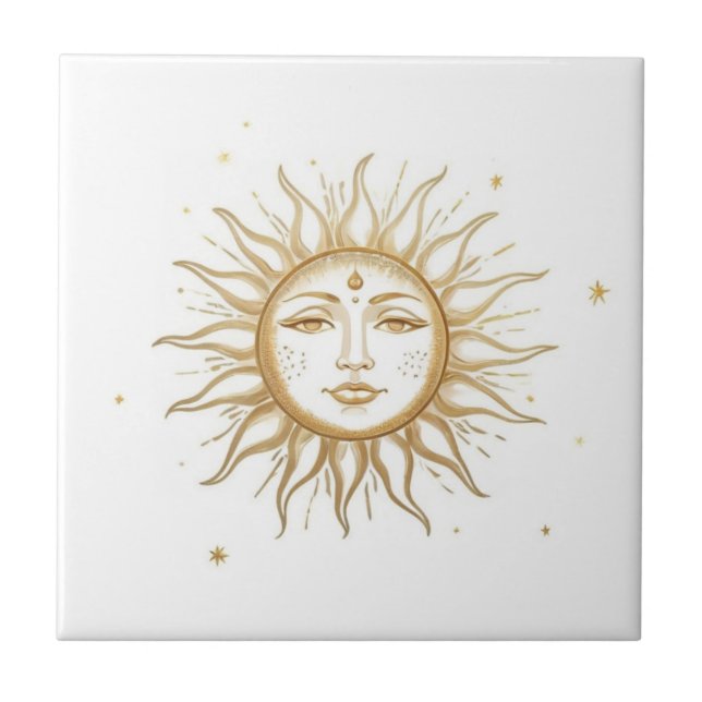 Celestial Sun with Face Gold and White Kakelplatta (Framsidan)