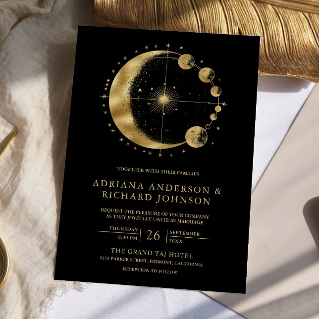 Celestial Svart Guld Halvmånefaser Bröllop Inbjudningar (Skapare uppladdad)