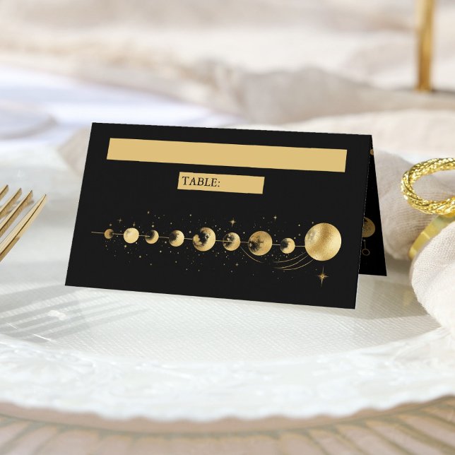 Celestial Svart Guld Halvmånefaser Bröllop Placeringskort (Skapare uppladdad)