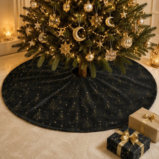 Celestial svart guld julgranstav julgransmatta borstad polyester (Celestial Black Gold Christmas Tree Skirt)