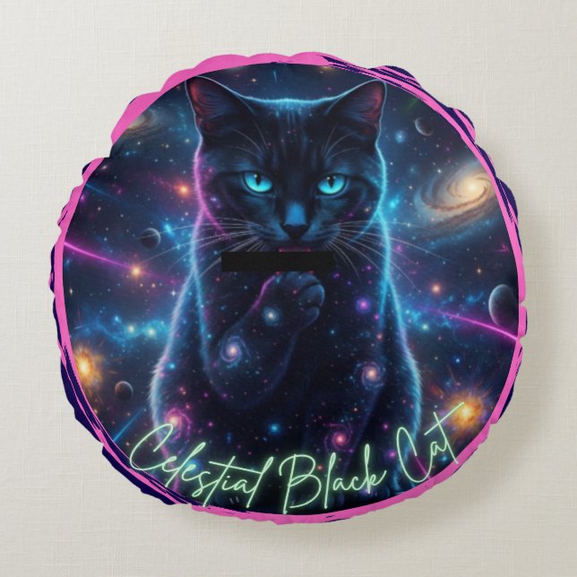 Celestial Svart Katt Rund Kudde (Framsidan)