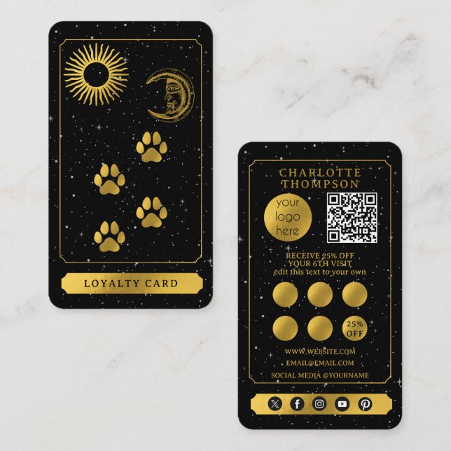 Celestial Tarot Dog Grooming Black Gold Thank You Visitkort (Fram/baksida)