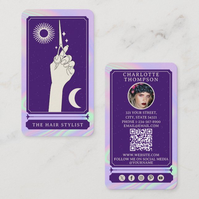 Celestial Tarot Foto Frisör Holografisk Visitkort (Fram/baksida)