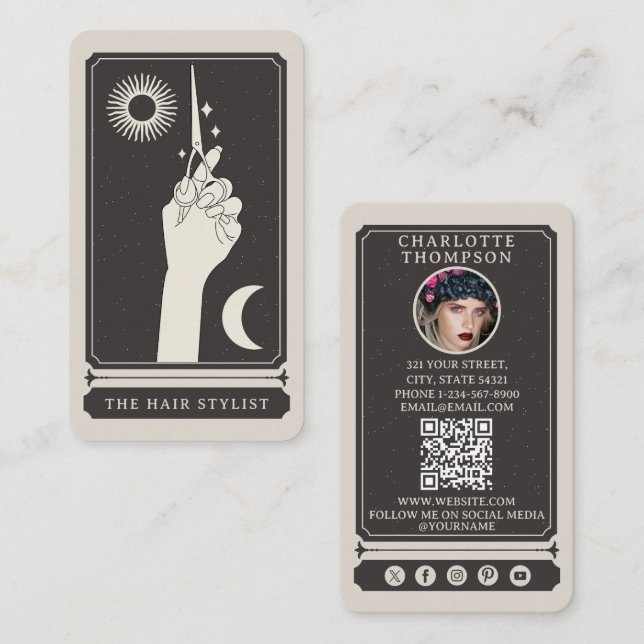 Celestial Tarot Frisörsksalong Anpassad Foto Boho Visitkort (Fram/baksida)