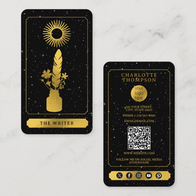 Celestial Tarot Logo Black Gold Writer Author Visitkort (Fram/baksida)