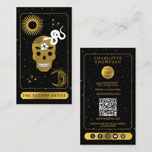 Celestial Tarot Logo Tatuering Konstnär Svart Guld Visitkort (Fram/baksida)