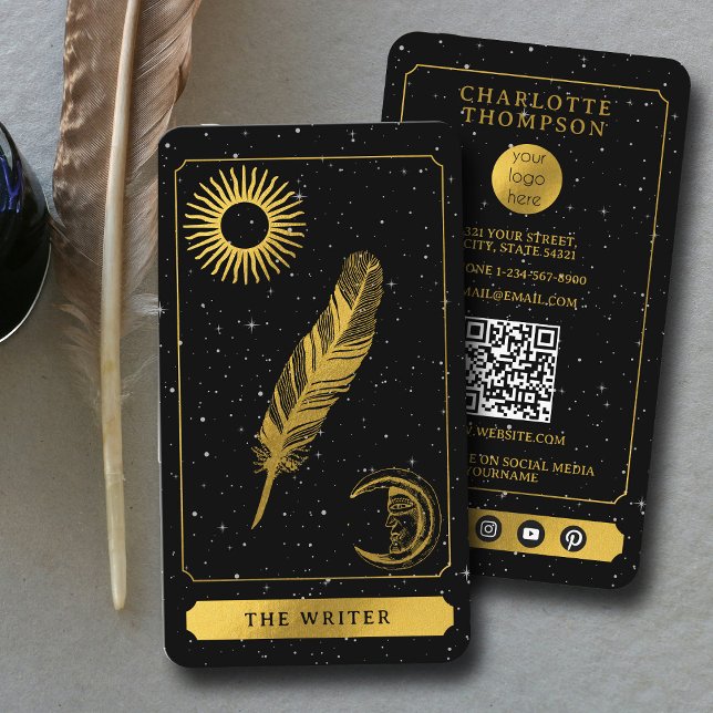 Celestial Tarot Logotyp Black Guld Skrivare förfat Visitkort (Celestial Tarot Logo Black Gold Writer Author Business Card)
