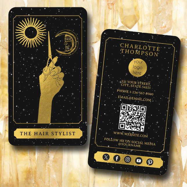 Celestial Tarot Logotyp Hairdresser Black Guld Visitkort (Celestial Tarot Logo Hairdresser Black Gold Business Card)