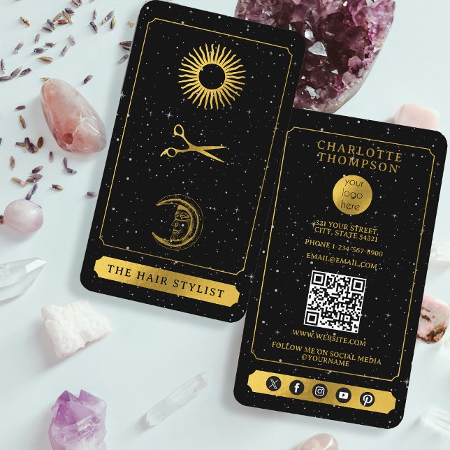 Celestial Tarot Logotyp Hairdresser Black Guld Visitkort (Celestial Tarot Logo Hairdresser Black Gold Business Card)