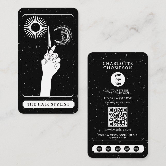 Celestial Tarot Logotyp Hairdresser Black White Cu Visitkort (Fram/baksida)
