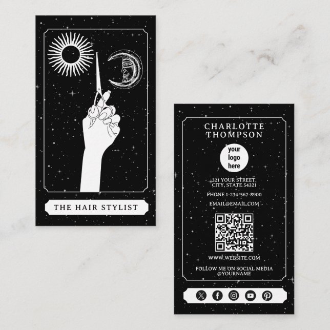 Celestial Tarot Logotyp Hairdresser Black White Visitkort (Fram/baksida)