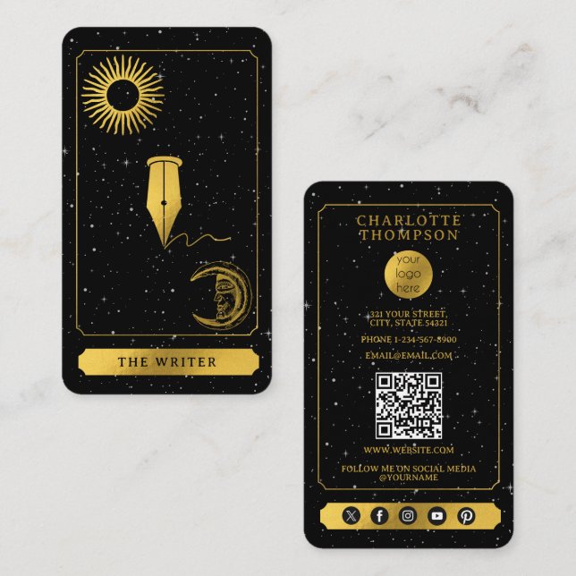 Celestial Tarot-logotyp Svart Guld Författare Utgi Visitkort (Fram/baksida)