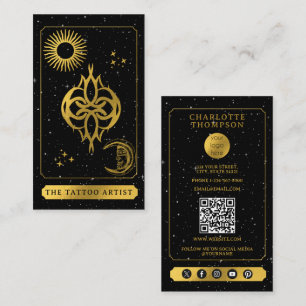 Celestial Tarot Logotyp Tattoo Artist Svart Guld Visitkort