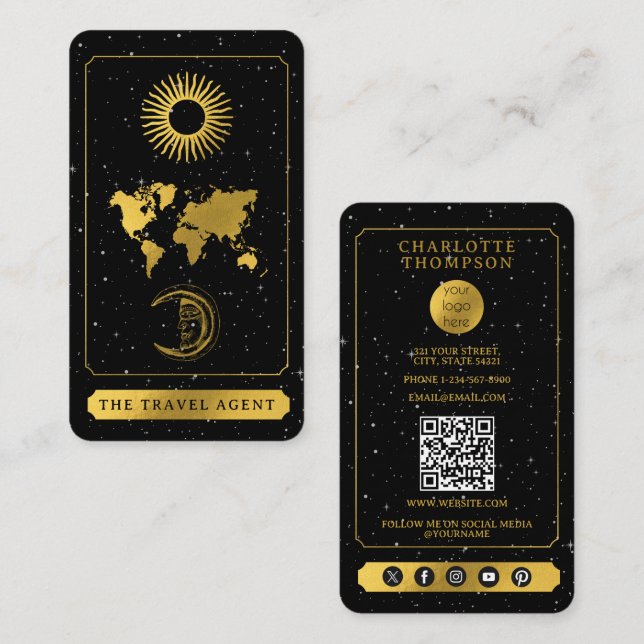 Celestial Tarot Logotyp Travel Agent Black Guld Visitkort (Fram/baksida)
